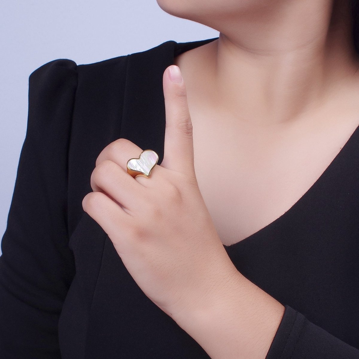 24K Gold Filled Love Heart White Shell Pearl Wide Band Ring For Valentines | O-1997