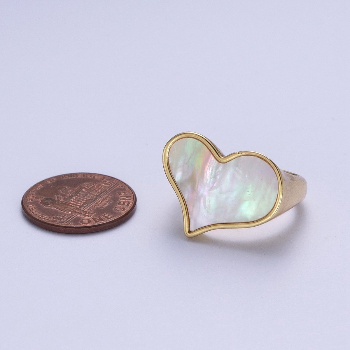 24K Gold Filled Love Heart White Shell Pearl Wide Band Ring For Valentines | O-1997
