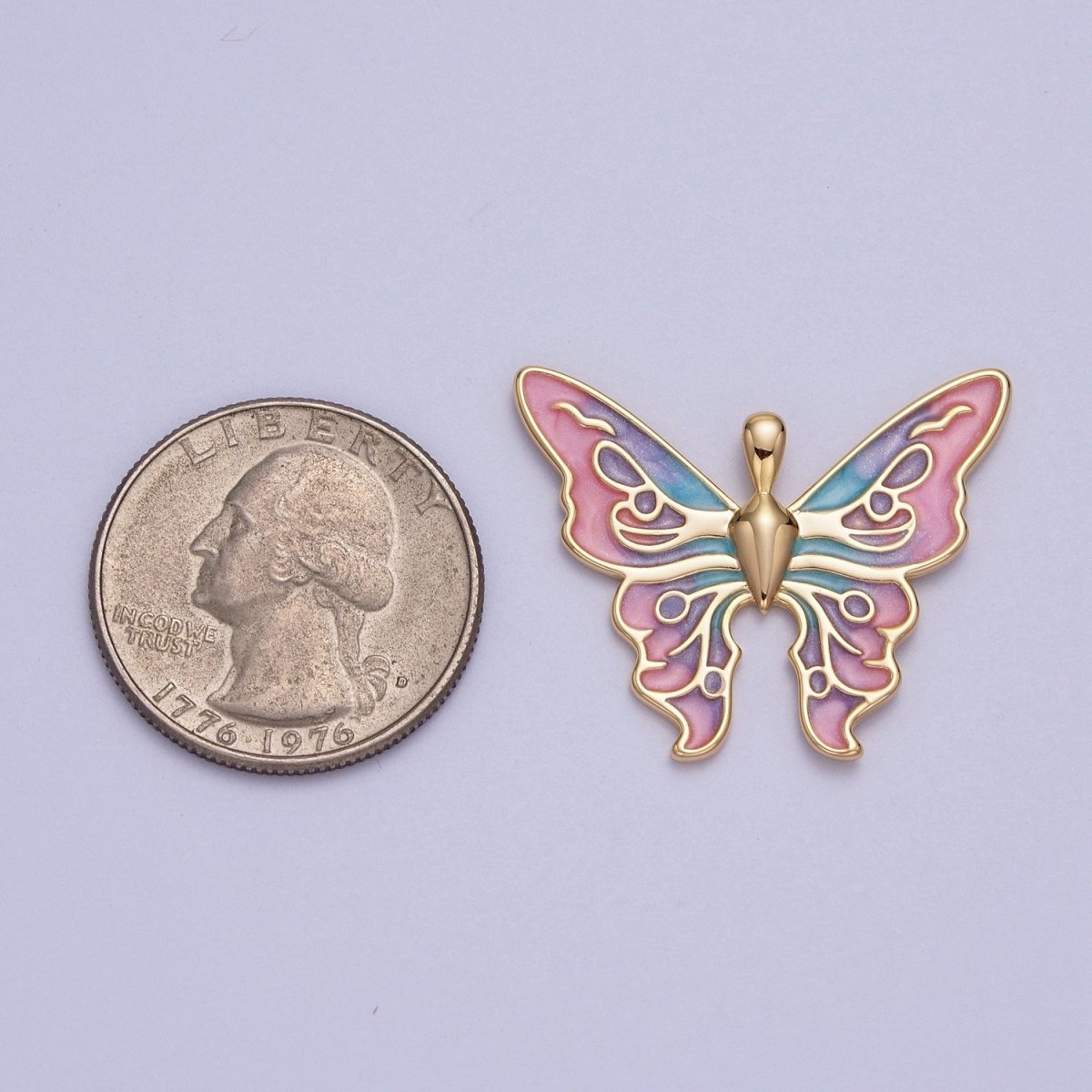 24K Gold Filled Mariposa Butterfly Multicolor Gradient Pink Blue Purple Enamel Pendant  H-200