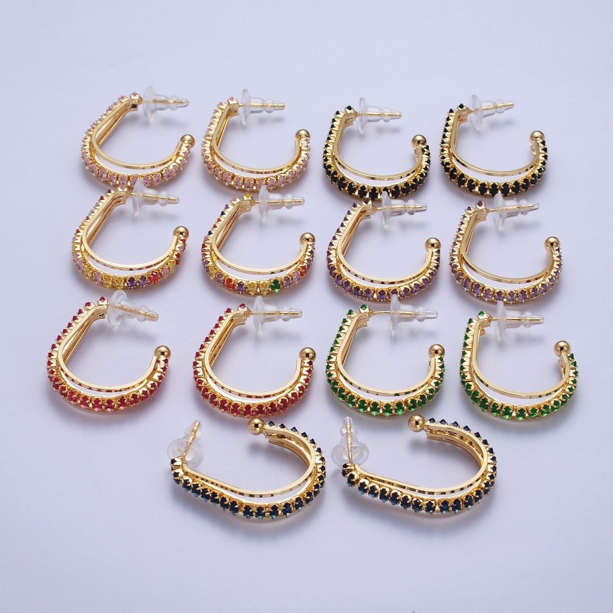 24K Gold Filled Marquise Cubic Zirconia Multiple Band J-Hoop Stud Earrings | AD-493 AD-536~AD-542