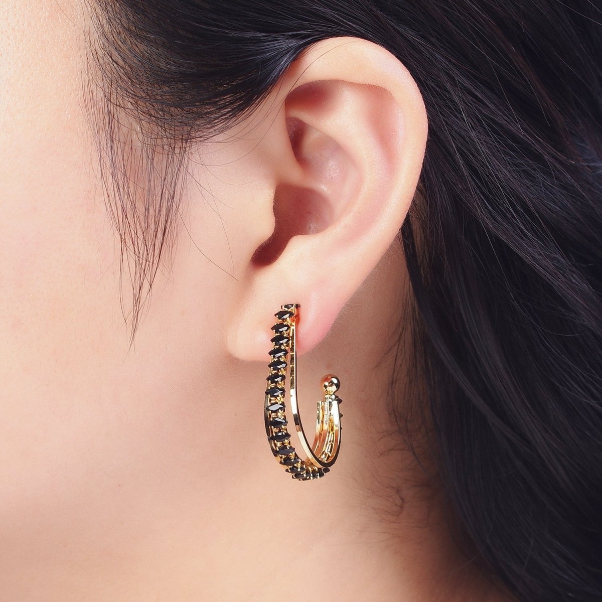 24K Gold Filled Marquise Cubic Zirconia Multiple Band J-Hoop Stud Earrings | AD-493 AD-536~AD-542