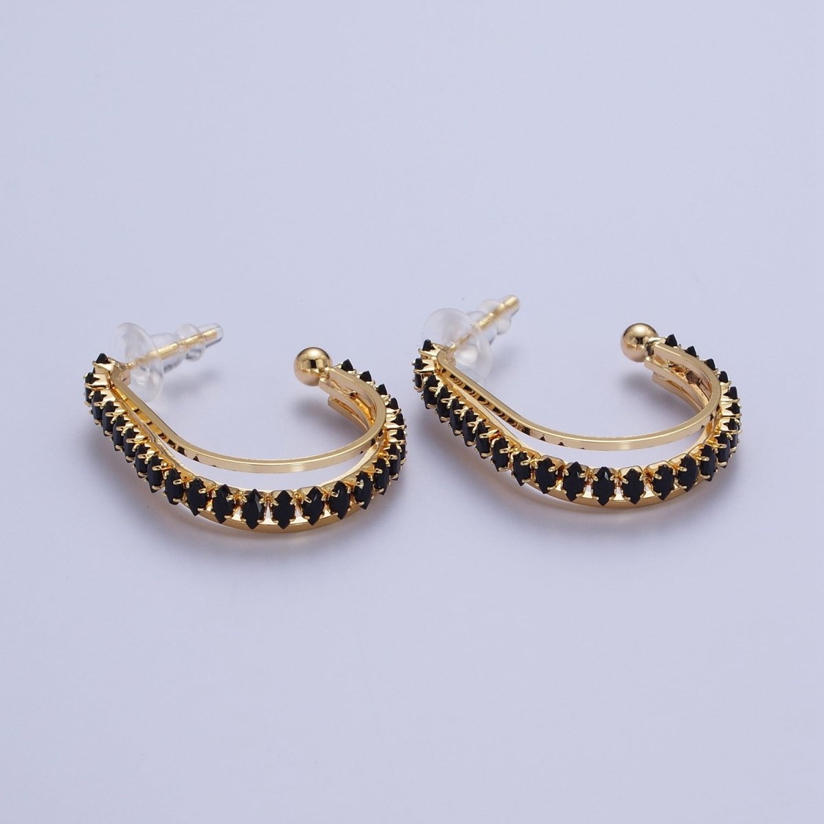 24K Gold Filled Marquise Cubic Zirconia Multiple Band J-Hoop Stud Earrings | AD-493 AD-536~AD-542