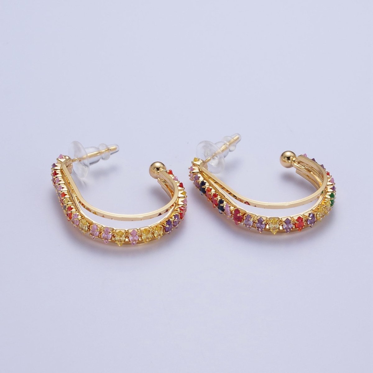 24K Gold Filled Marquise Cubic Zirconia Multiple Band J-Hoop Stud Earrings | AD-493 AD-536~AD-542