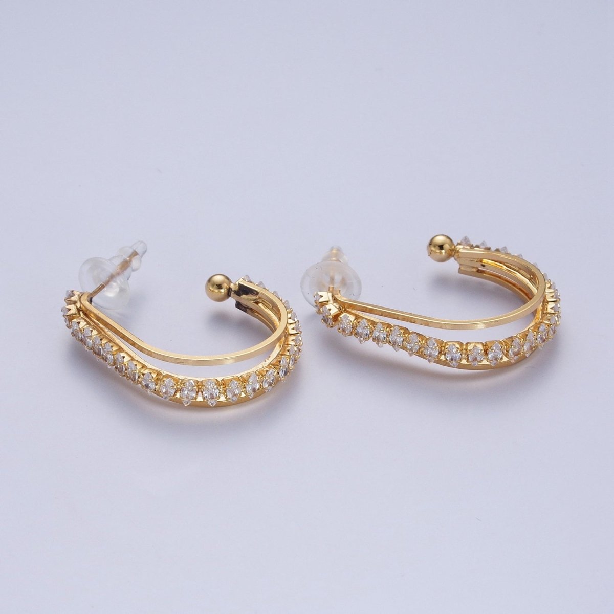 24K Gold Filled Marquise Cubic Zirconia Multiple Band J-Hoop Stud Earrings | AD-493 AD-536~AD-542