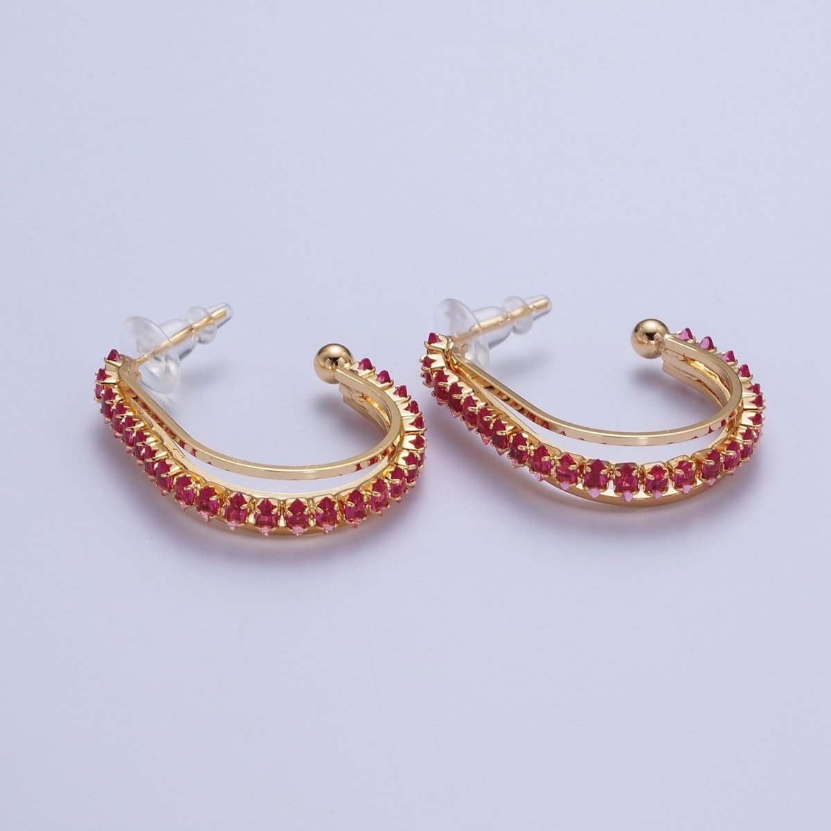 24K Gold Filled Marquise Cubic Zirconia Multiple Band J-Hoop Stud Earrings | AD-493 AD-536~AD-542