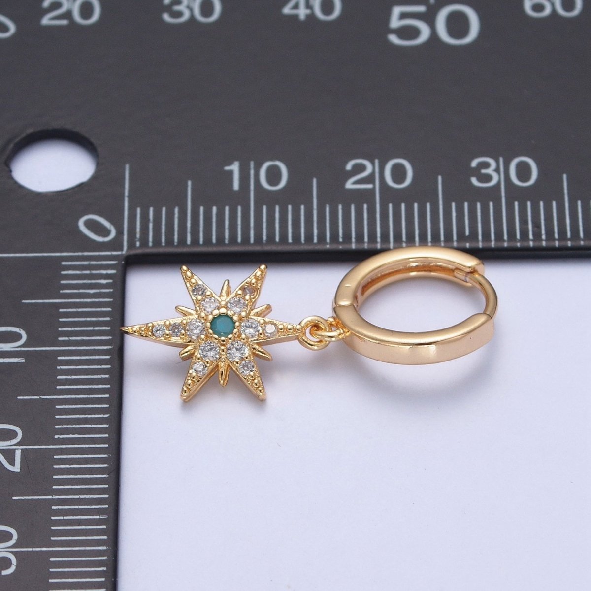 24K Gold Filled Micro Pave Clear CZ Turquoise Celestial Star Charm Dangle Drop Earrings P-325