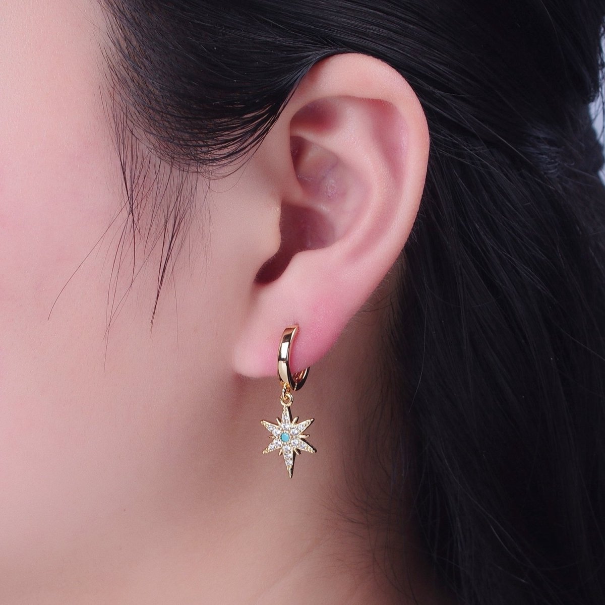 24K Gold Filled Micro Pave Clear CZ Turquoise Celestial Star Charm Dangle Drop Earrings P-325