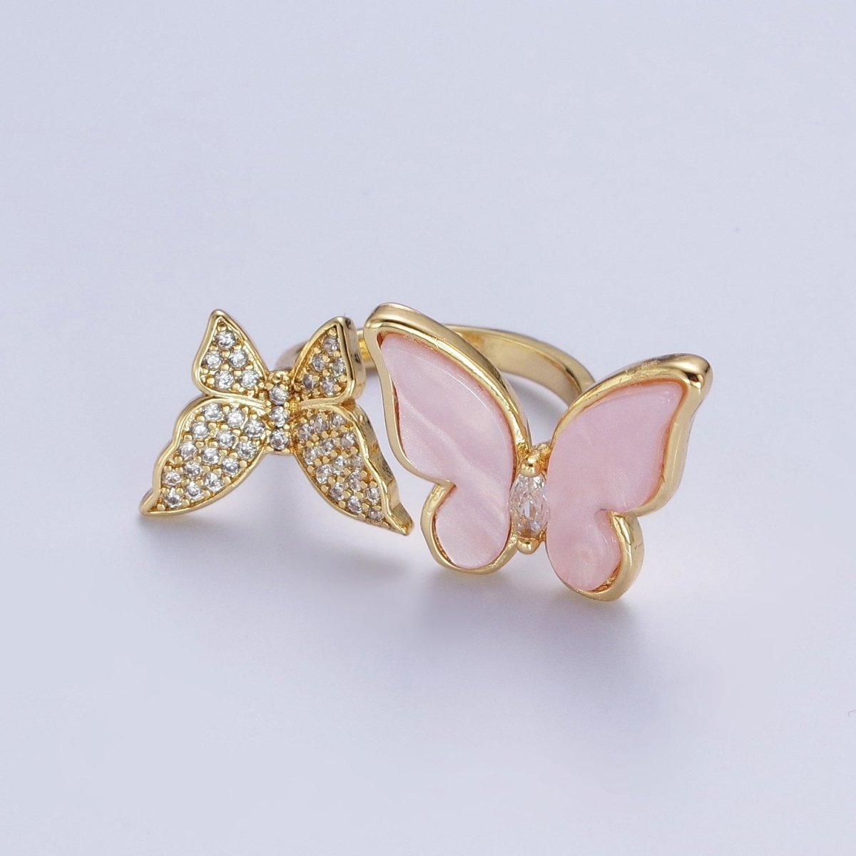 24K Gold Filled Micro Pave Cubic Zirconia Butterfly & Shell Mariposa Double Insect Butterfly Open Ring S-244