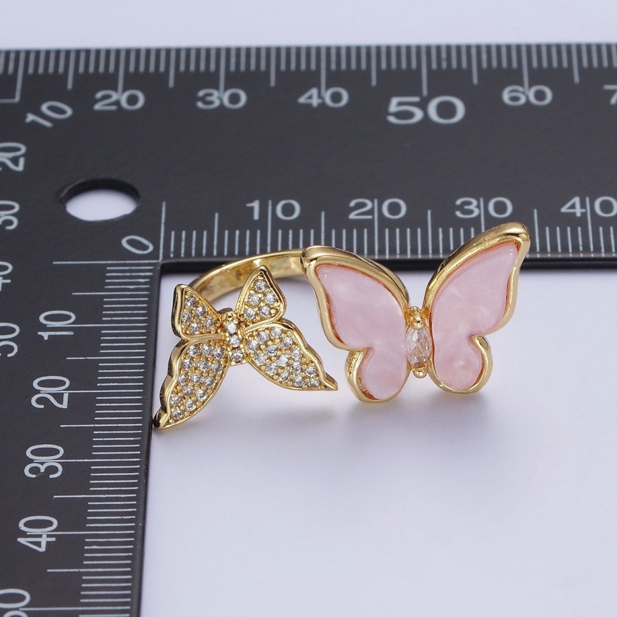 24K Gold Filled Micro Pave Cubic Zirconia Butterfly & Shell Mariposa Double Insect Butterfly Open Ring S-244