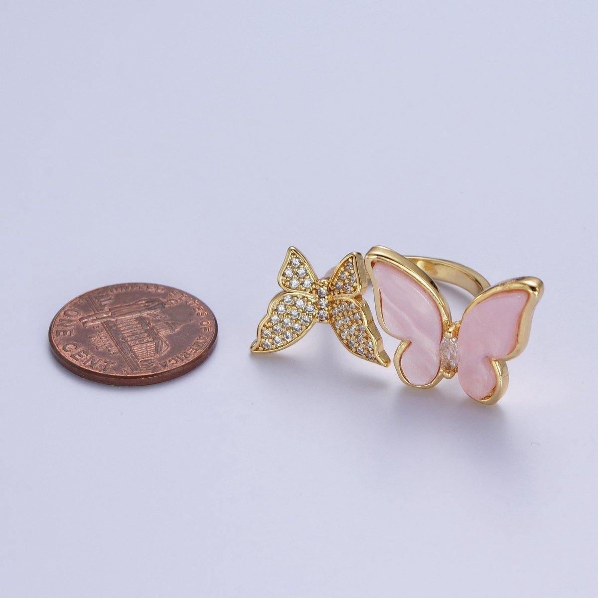 24K Gold Filled Micro Pave Cubic Zirconia Butterfly & Shell Mariposa Double Insect Butterfly Open Ring S-244
