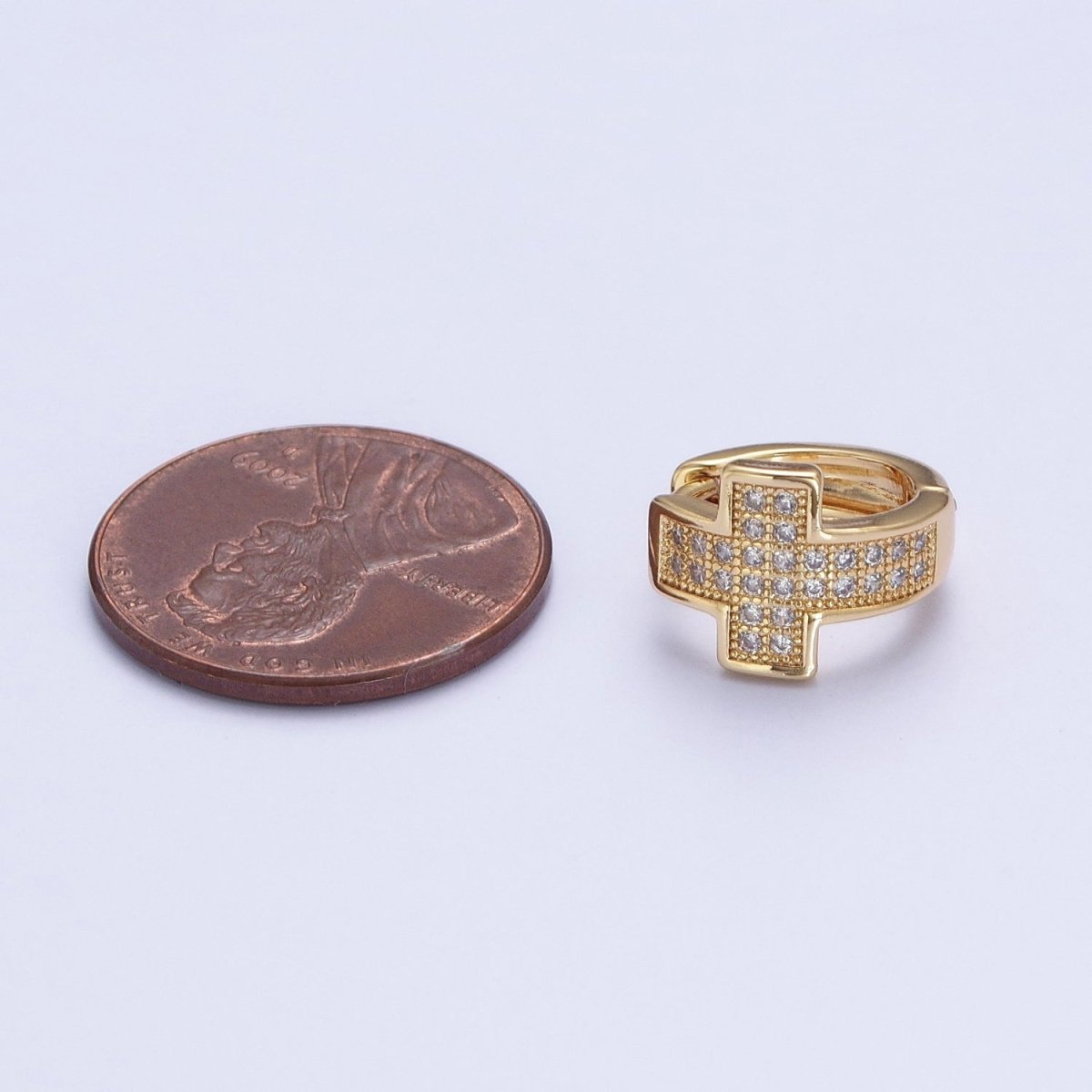 24K Gold Filled Micro Pave Cubic Zirconia Religious Cross Huggie Hoop Earrings T-037