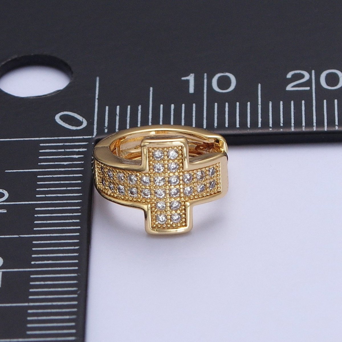 24K Gold Filled Micro Pave Cubic Zirconia Religious Cross Huggie Hoop Earrings T-037