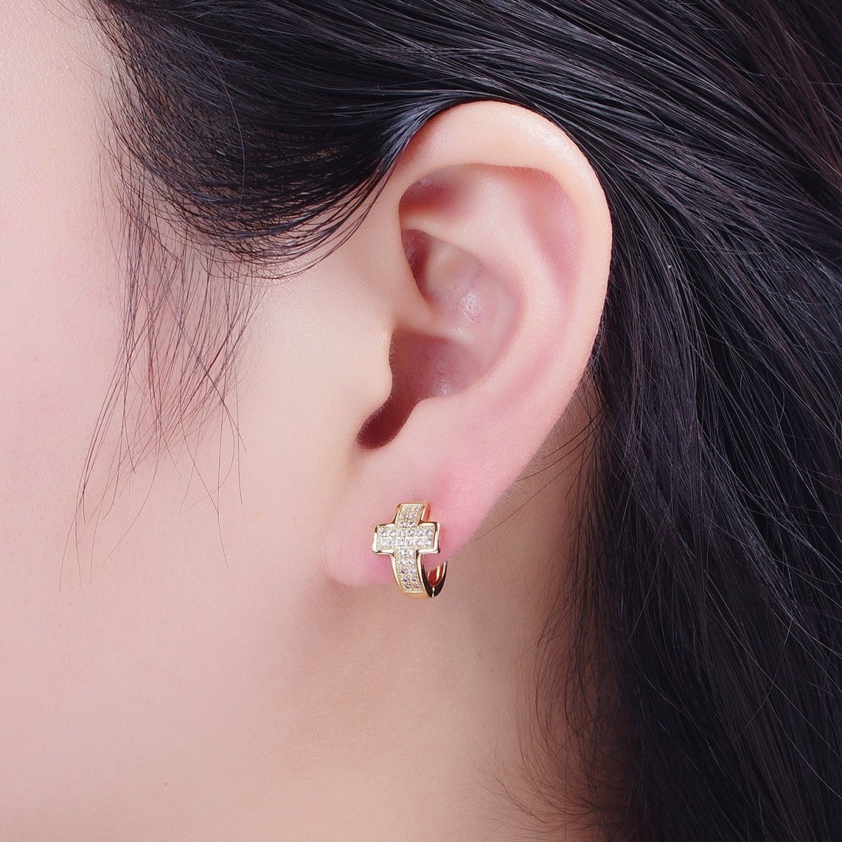 24K Gold Filled Micro Pave Cubic Zirconia Religious Cross Huggie Hoop Earrings T-037
