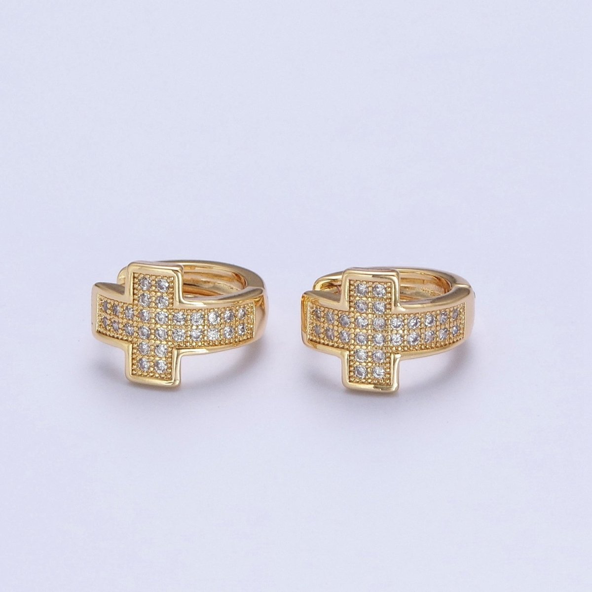 24K Gold Filled Micro Pave Cubic Zirconia Religious Cross Huggie Hoop Earrings T-037