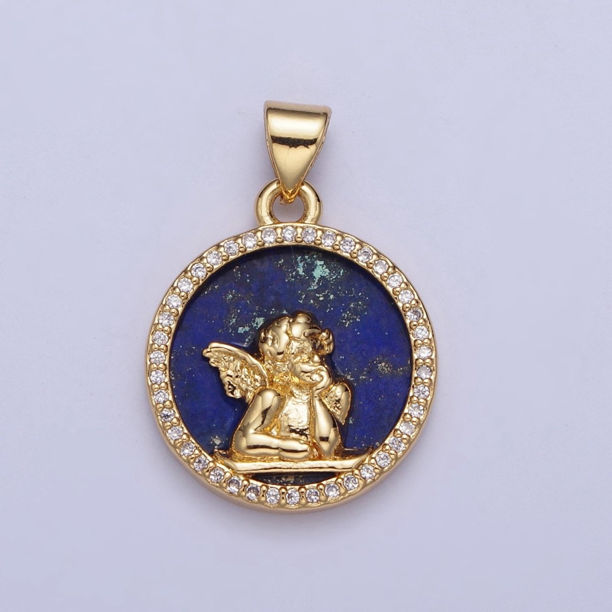 24K Gold Filled Micro Pave CZ Blue Lapiz  Angel Child Round Medallion Pendant For Jewelry Necklace Making X-427