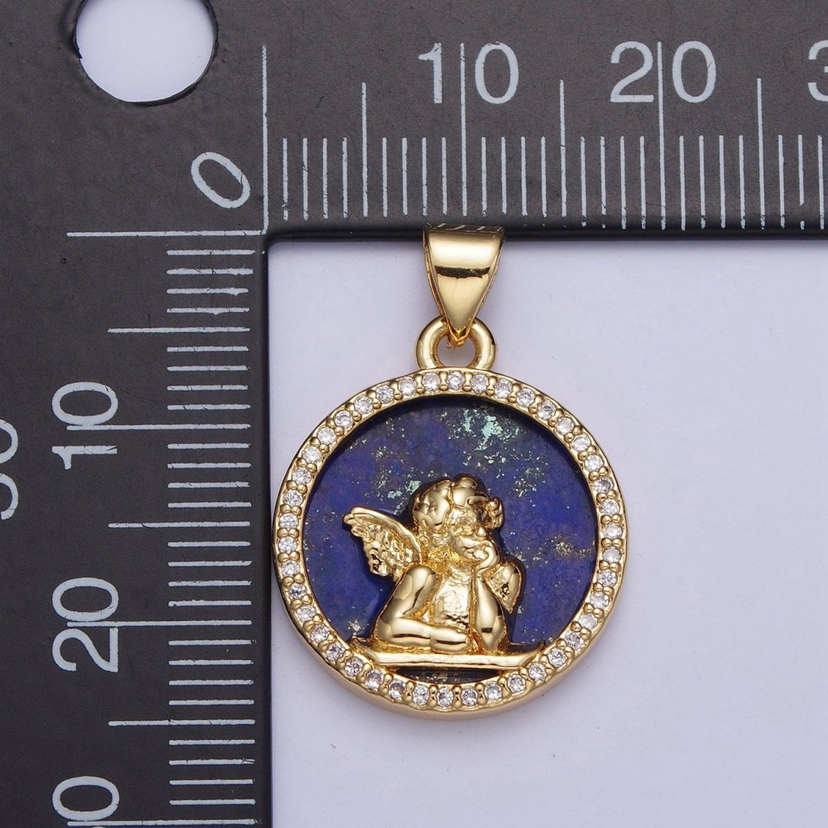 24K Gold Filled Micro Pave CZ Blue Lapiz  Angel Child Round Medallion Pendant For Jewelry Necklace Making X-427