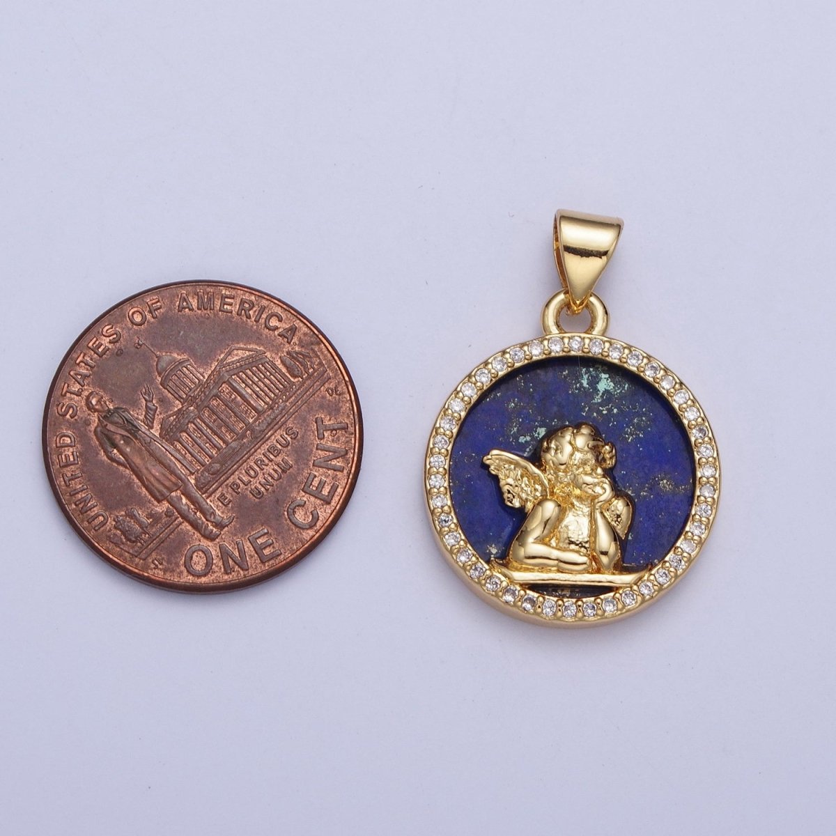 24K Gold Filled Micro Pave CZ Blue Lapiz  Angel Child Round Medallion Pendant For Jewelry Necklace Making X-427