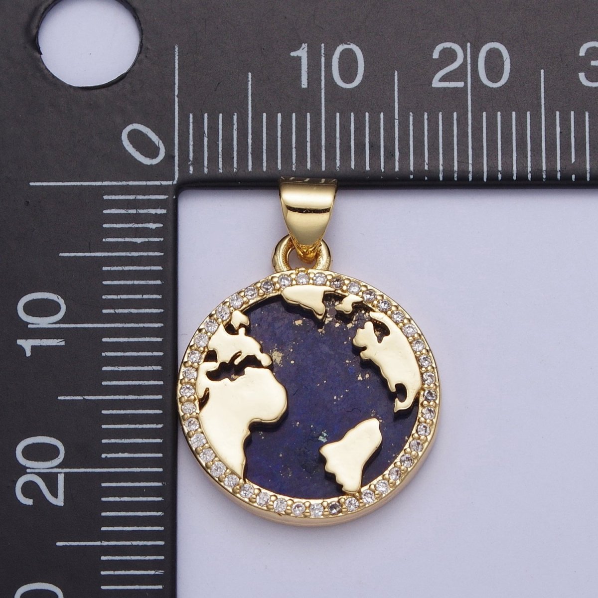 24K Gold Filled Micro Pave CZ Blue Lapiz Globe World Map Medallion Pendant For Traveler Gift X-426