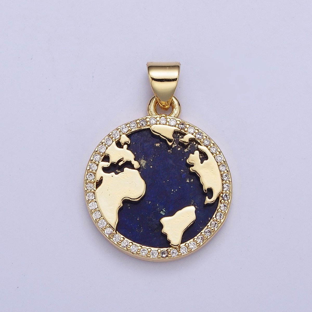 24K Gold Filled Micro Pave CZ Blue Lapiz Globe World Map Medallion Pendant For Traveler Gift X-426