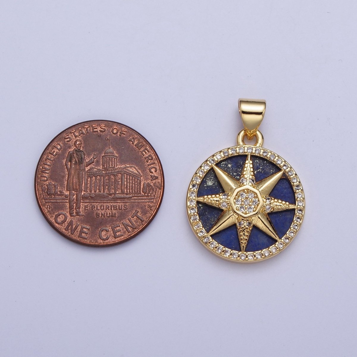 24K Gold Filled Micro Pave CZ Eight Pointed Celestial Star Round Medallion Pendant X-431