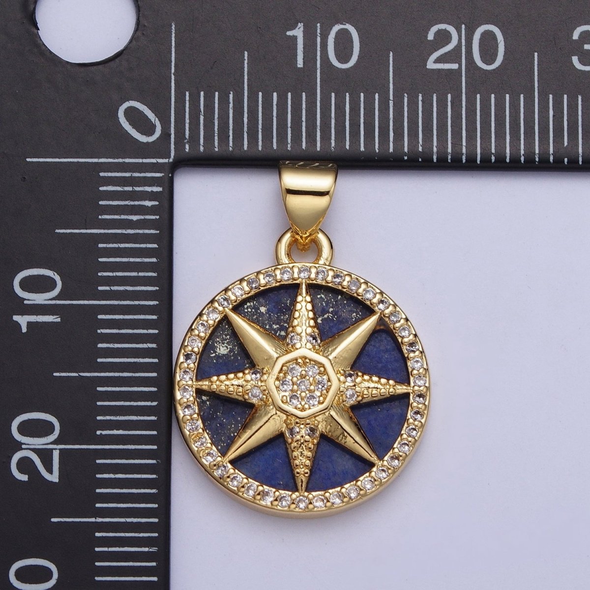 24K Gold Filled Micro Pave CZ Eight Pointed Celestial Star Round Medallion Pendant X-431