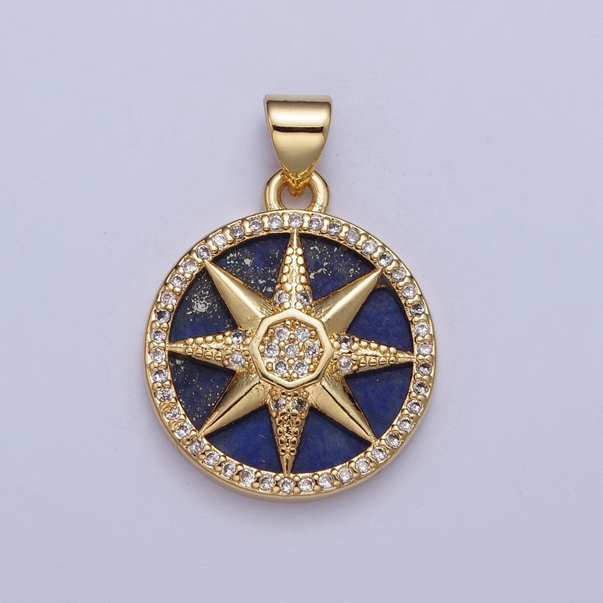 24K Gold Filled Micro Pave CZ Eight Pointed Celestial Star Round Medallion Pendant X-431