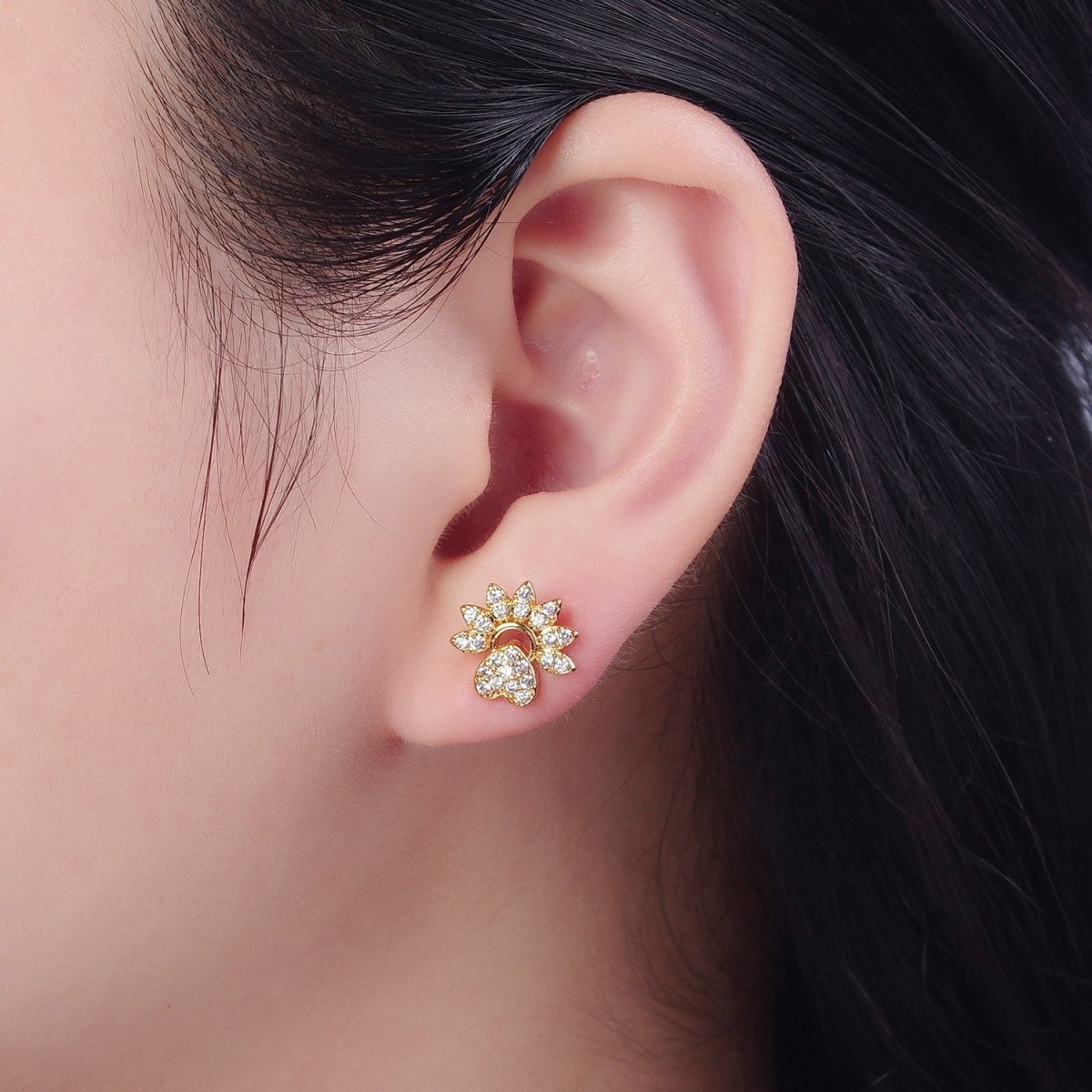 24K Gold Filled Micro Pave Heart Sunburst Sun Ray Stud Earrings T-134