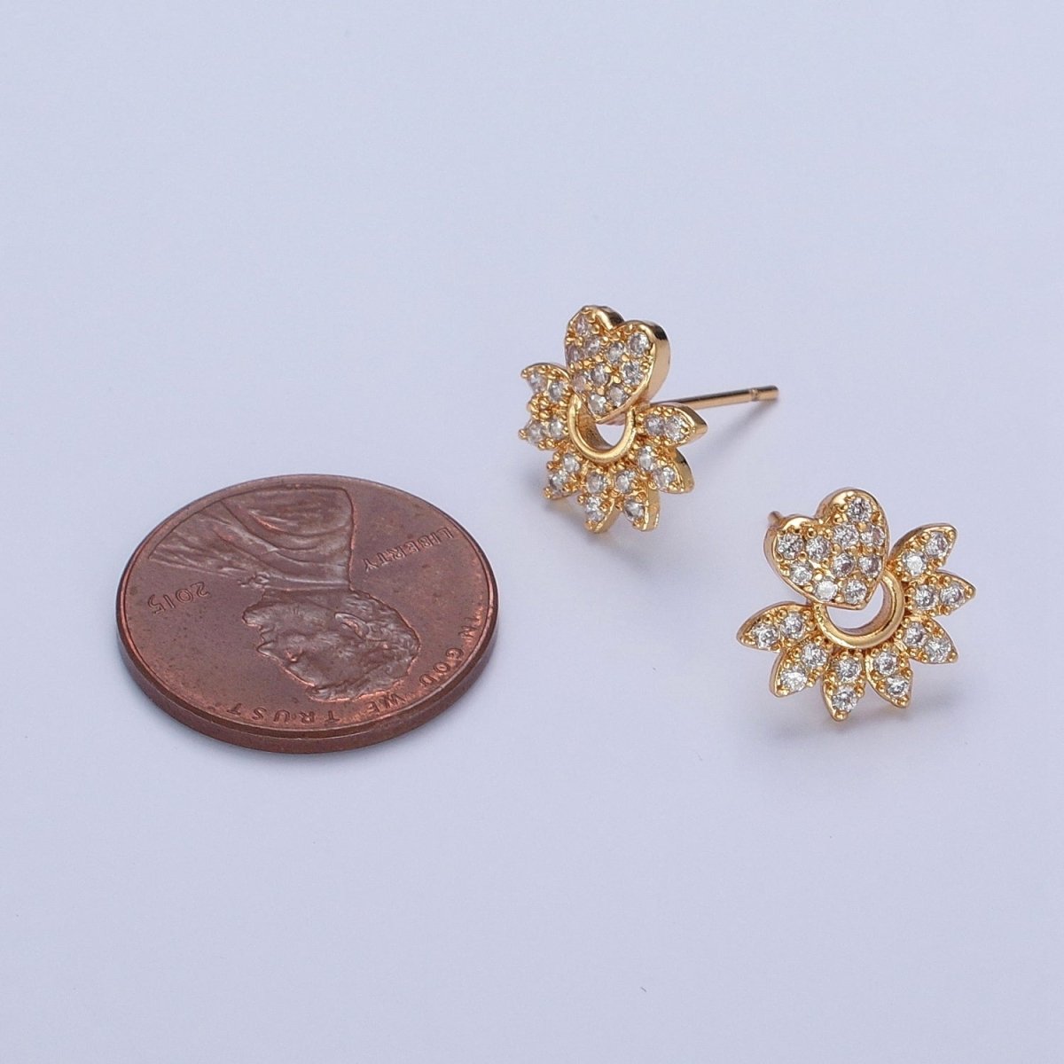 24K Gold Filled Micro Pave Heart Sunburst Sun Ray Stud Earrings T-134