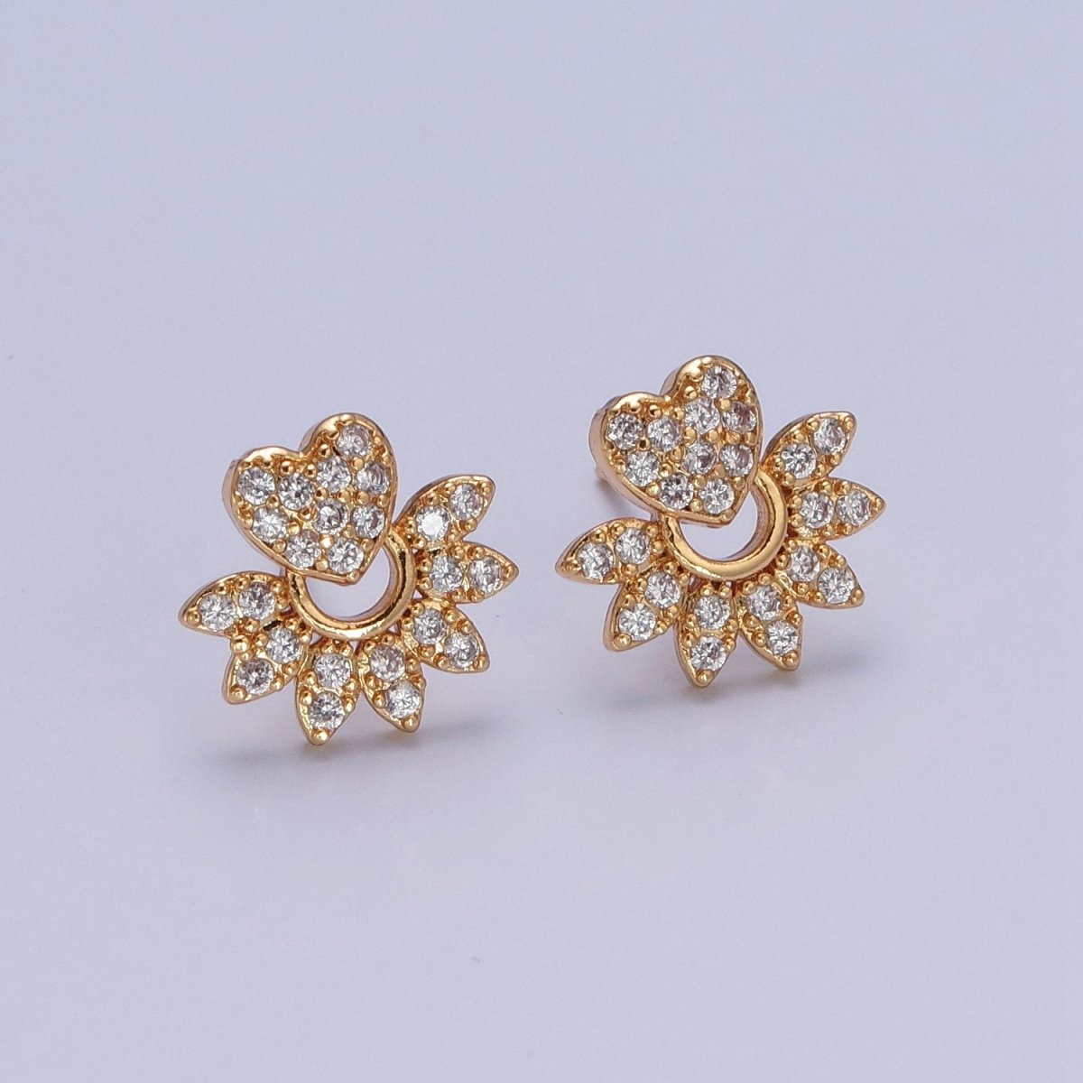 24K Gold Filled Micro Pave Heart Sunburst Sun Ray Stud Earrings T-134