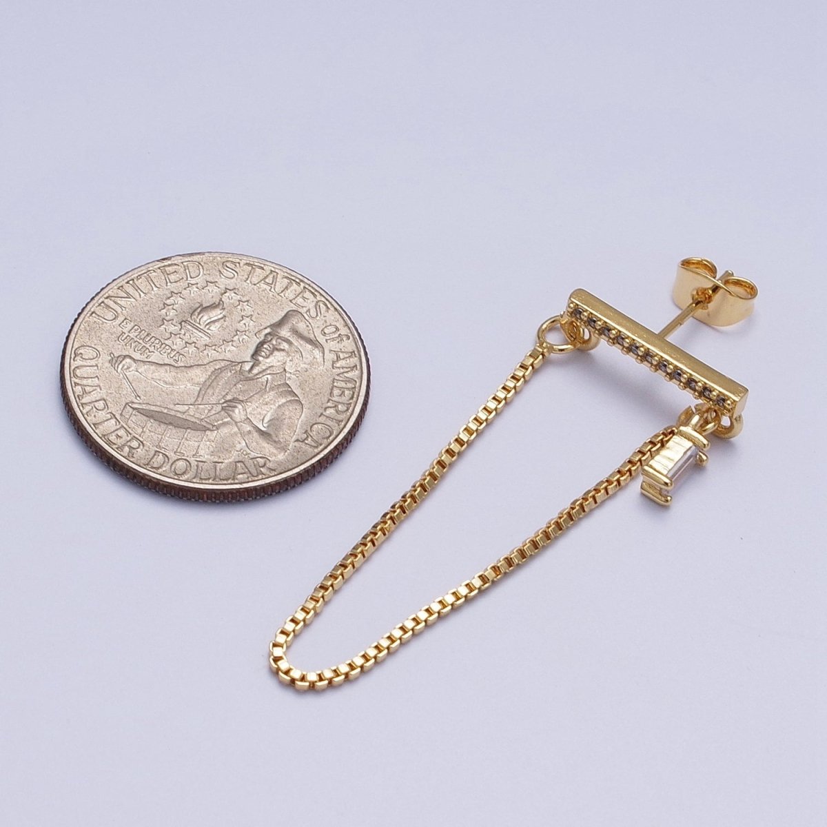 24K Gold Filled Micro Paved Bar And Box Chain Drape Baguette CZ Stud Earrings | AD-206