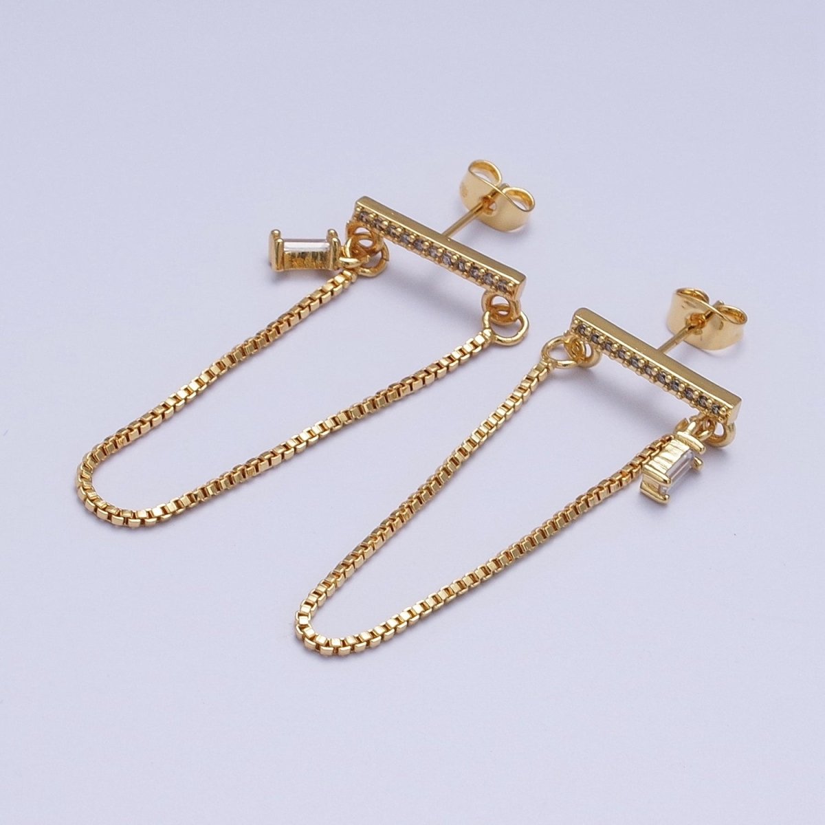 24K Gold Filled Micro Paved Bar And Box Chain Drape Baguette CZ Stud Earrings | AD-206