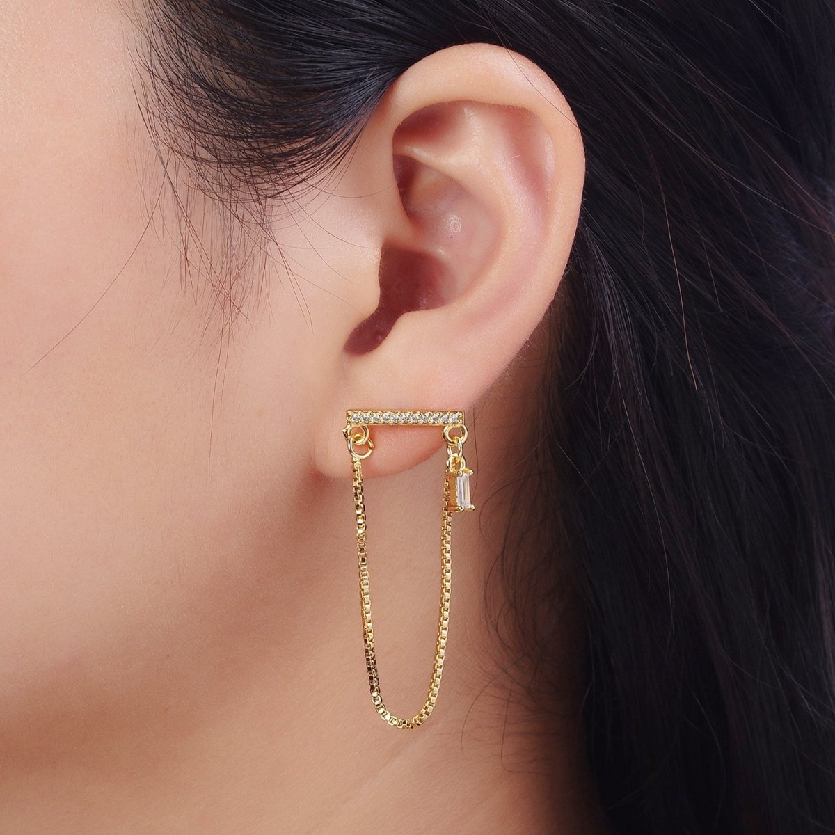 24K Gold Filled Micro Paved Bar And Box Chain Drape Baguette CZ Stud Earrings | AD-206