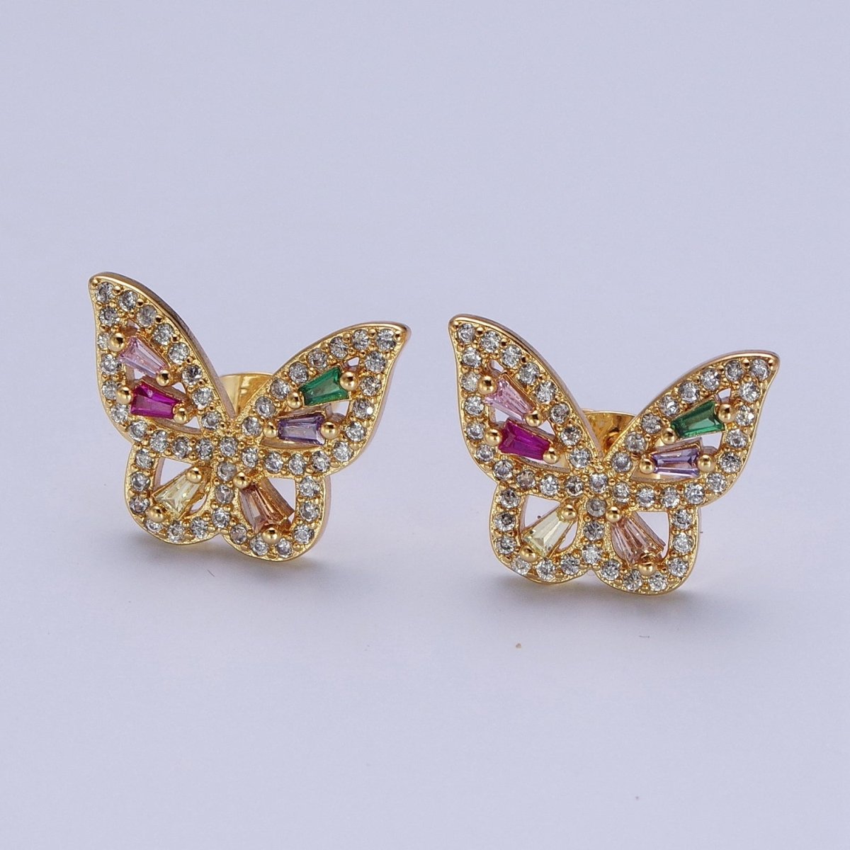 24K Gold Filled Micro Paved Clear Rainbow Butterfly Mariposa Studs Earrings | AD-514