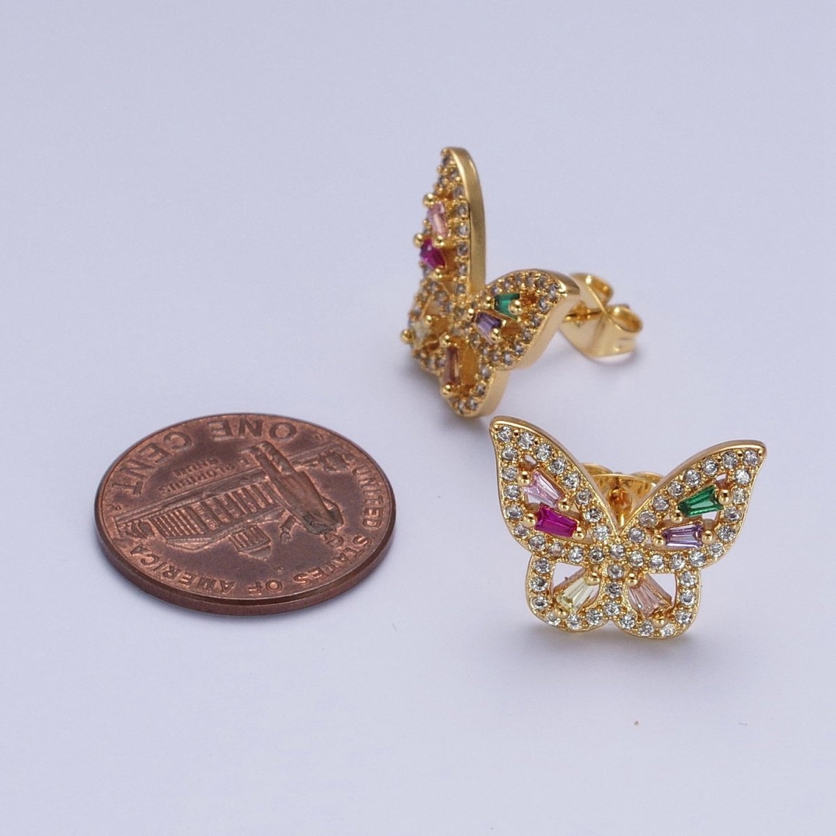 24K Gold Filled Micro Paved Clear Rainbow Butterfly Mariposa Studs Earrings | AD-514