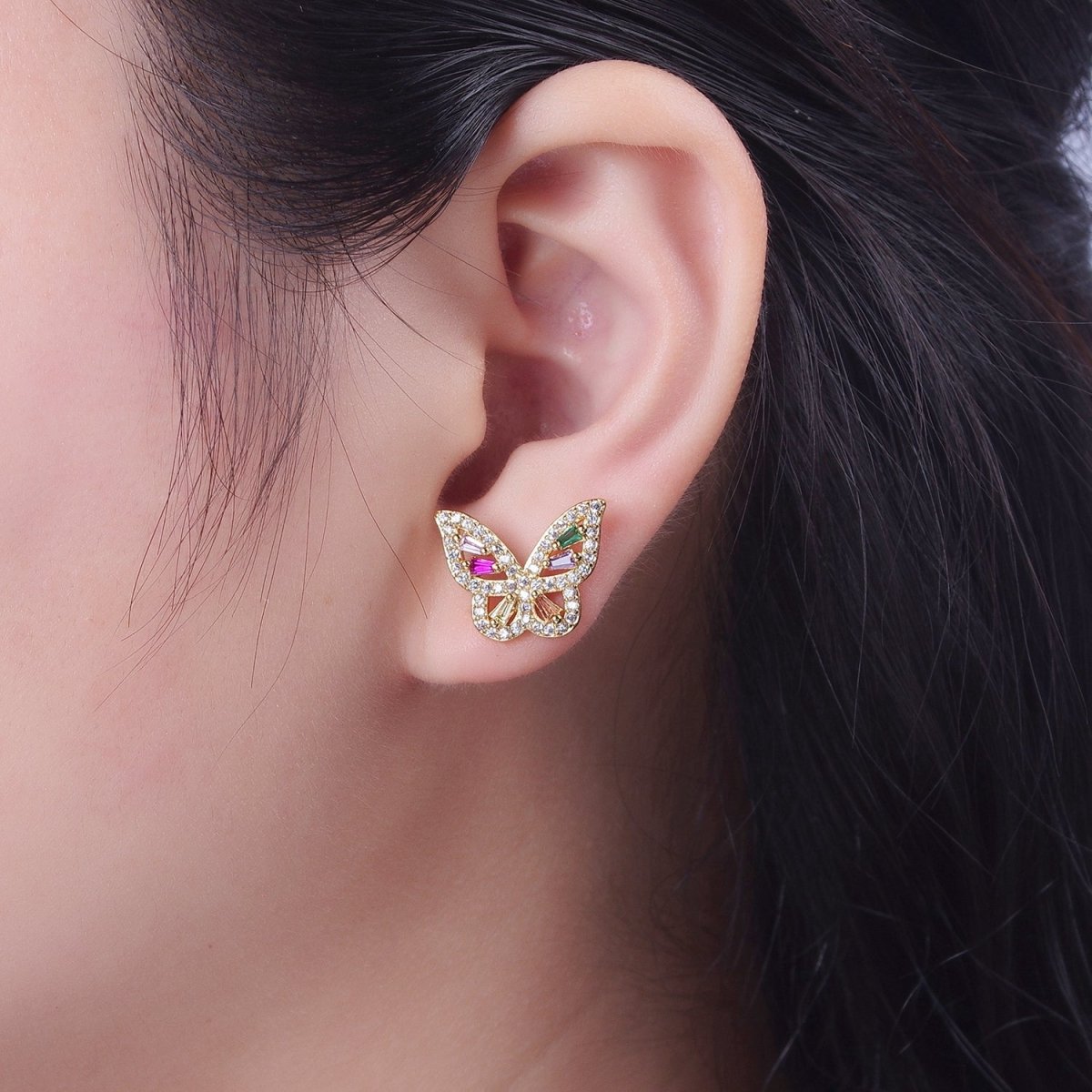 24K Gold Filled Micro Paved Clear Rainbow Butterfly Mariposa Studs Earrings | AD-514
