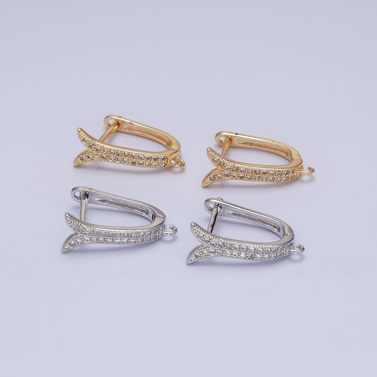 24K Gold Filled Micro Paved CZ Ocean Whale Tail Open Loop English Lock Earrings in Gold & Silver | Z-233 Z-234