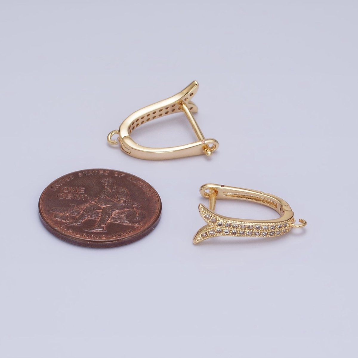 24K Gold Filled Micro Paved CZ Ocean Whale Tail Open Loop English Lock Earrings in Gold & Silver | Z-233 Z-234