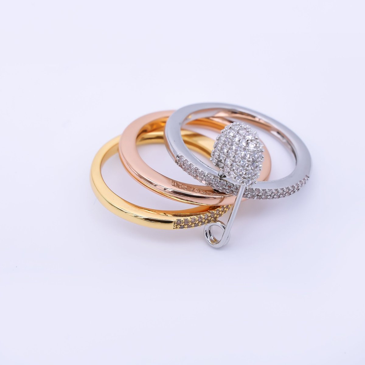 24K Gold Filled Micro Paved CZ Safety Pin Interlocked Mixed Metal Rings | O1062 - O1161
