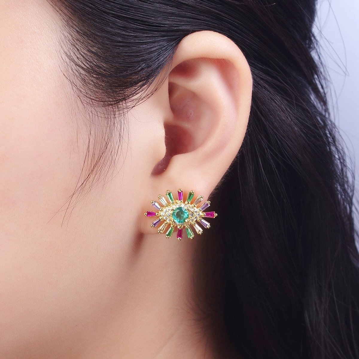 24K Gold Filled Micro Paved Eye of Ra Multicolor Baguette Cubic Zirconia Protection Stud Earrings P-287