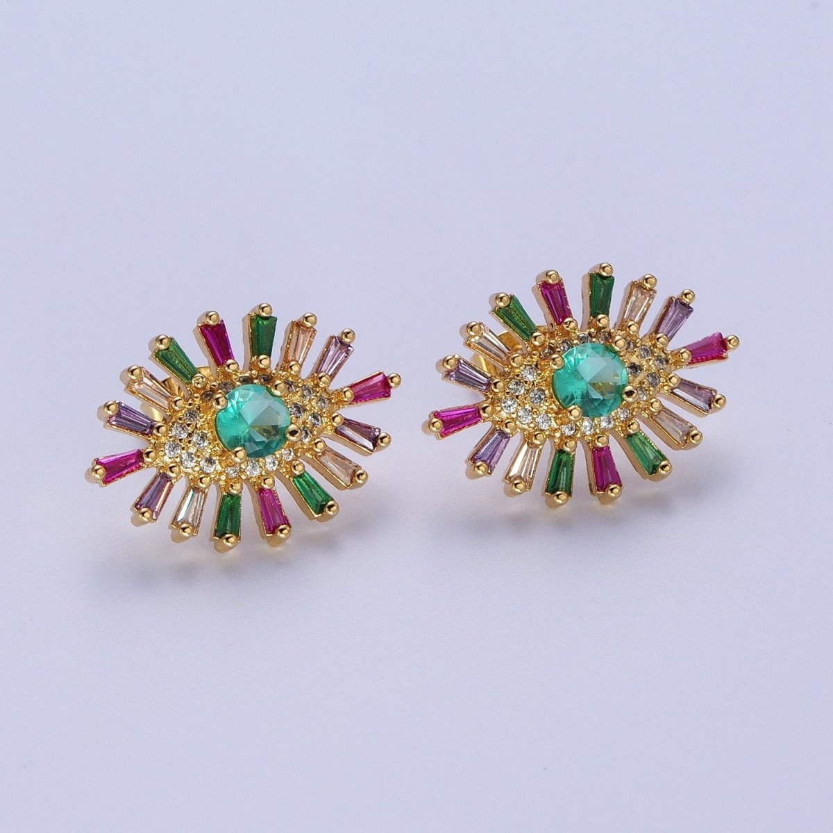 24K Gold Filled Micro Paved Eye of Ra Multicolor Baguette Cubic Zirconia Protection Stud Earrings P-287