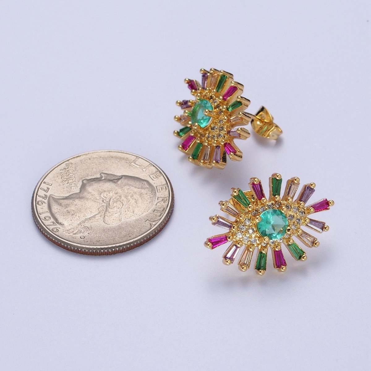 24K Gold Filled Micro Paved Eye of Ra Multicolor Baguette Cubic Zirconia Protection Stud Earrings P-287