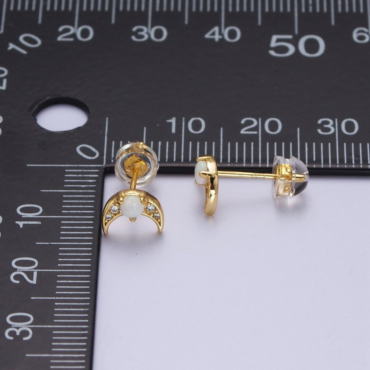 24K Gold Filled Mini White Opal Micro Paved CZ Crescent Moon Stud Earrings | AD-225