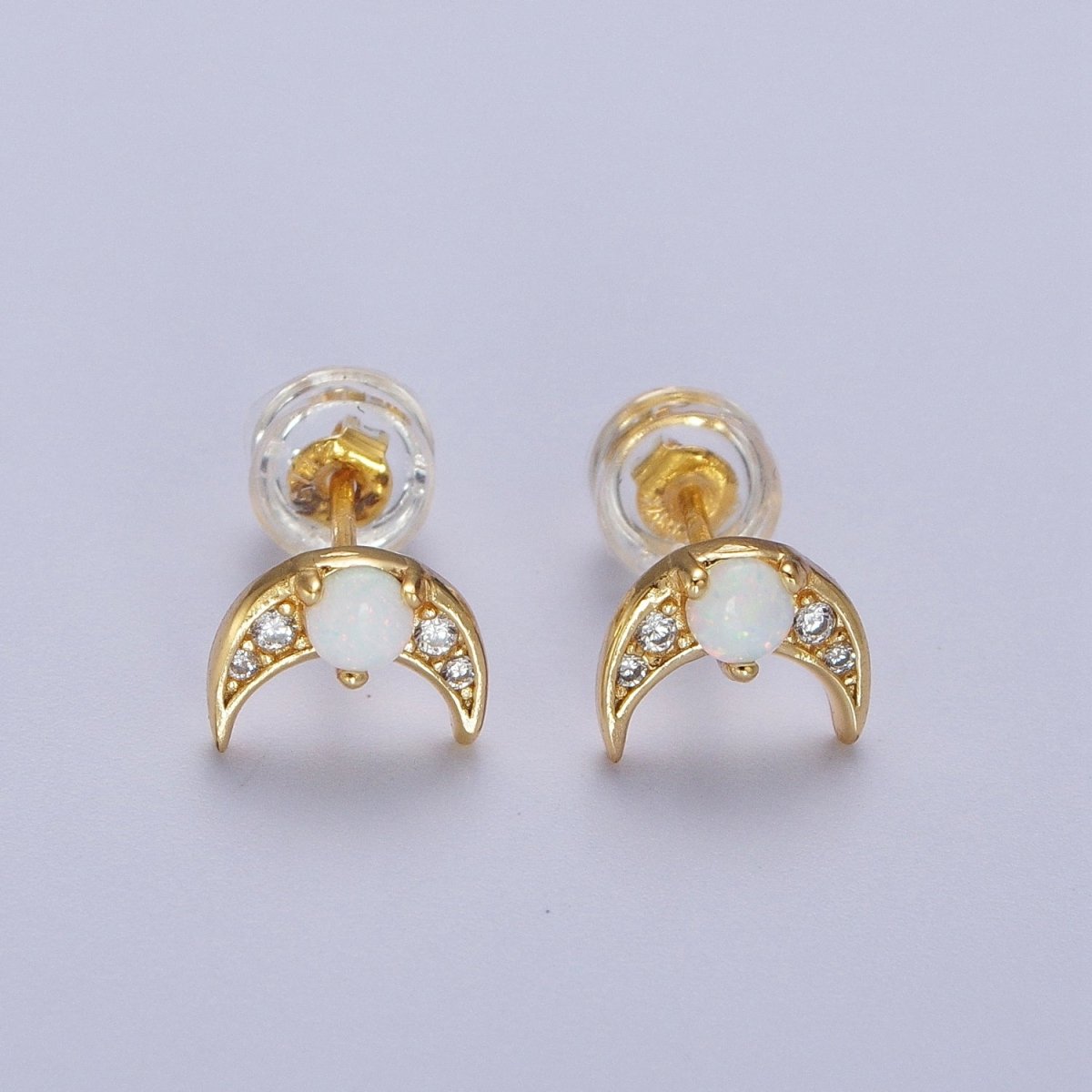 24K Gold Filled Mini White Opal Micro Paved CZ Crescent Moon Stud Earrings | AD-225