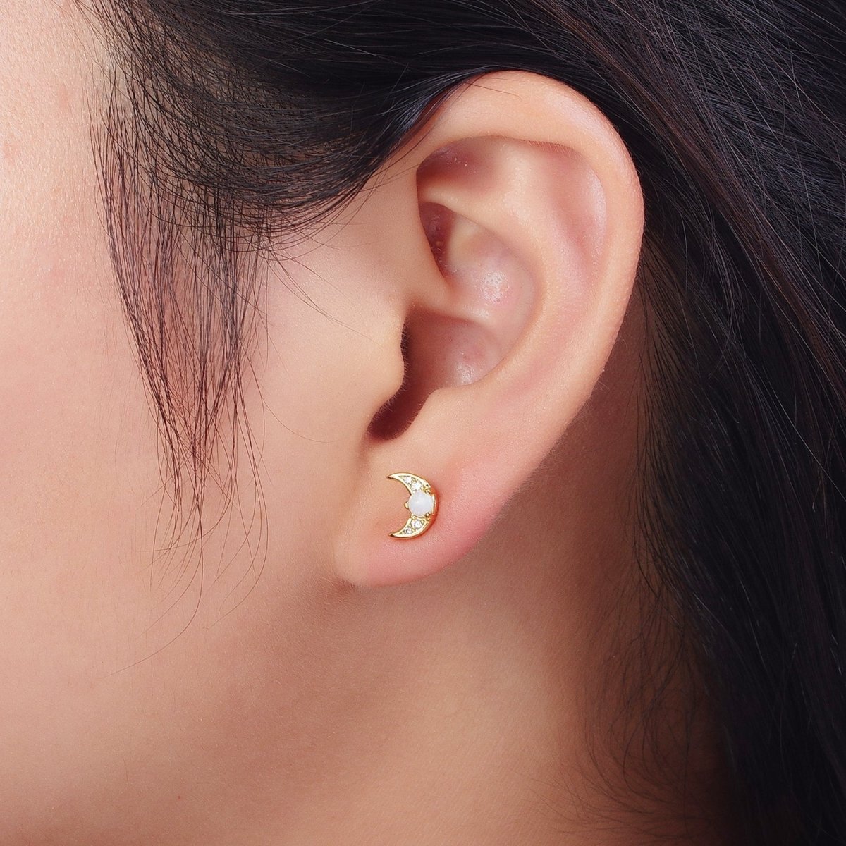 24K Gold Filled Mini White Opal Micro Paved CZ Crescent Moon Stud Earrings | AD-225