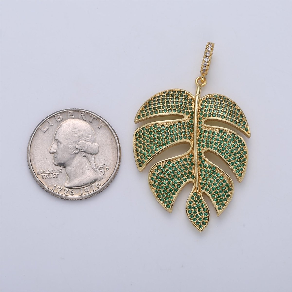24K Gold Filled Monstera Palm Leaf Green Mircro Paved CZ Pendant  I-165