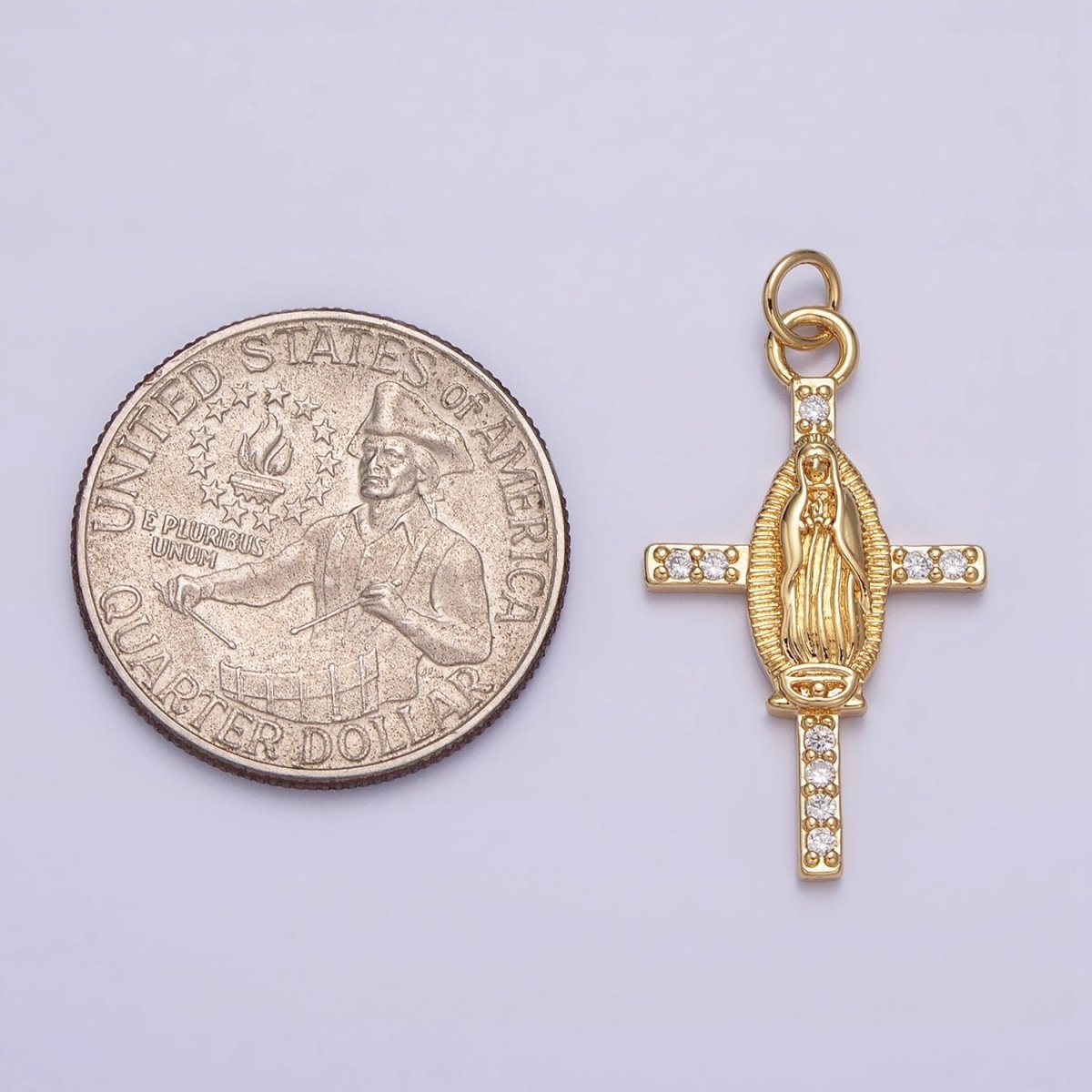 24K Gold Filled Mother Mary Micro Paved CZ Religious Cross Charm | AC1134