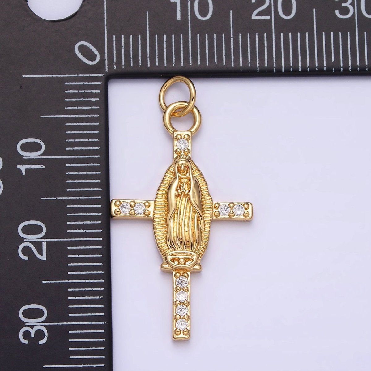 24K Gold Filled Mother Mary Micro Paved CZ Religious Cross Charm | AC1134