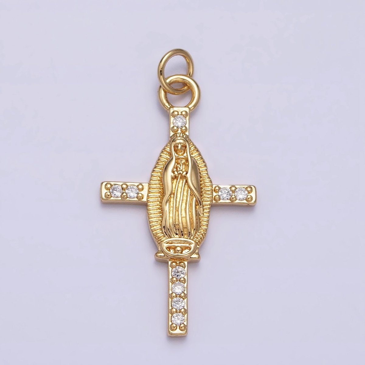 24K Gold Filled Mother Mary Micro Paved CZ Religious Cross Charm | AC1134