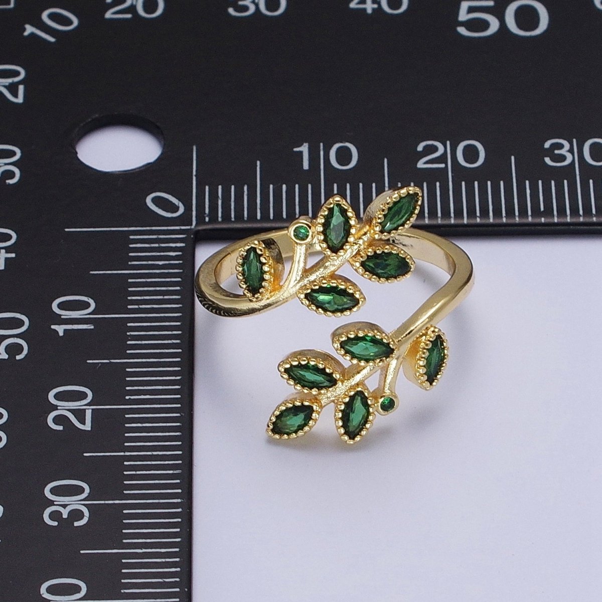 OS 24K Gold Filled Mother Nature Vine Leaves Green Cubic Zirconia Adjustable Open Ring | U-139