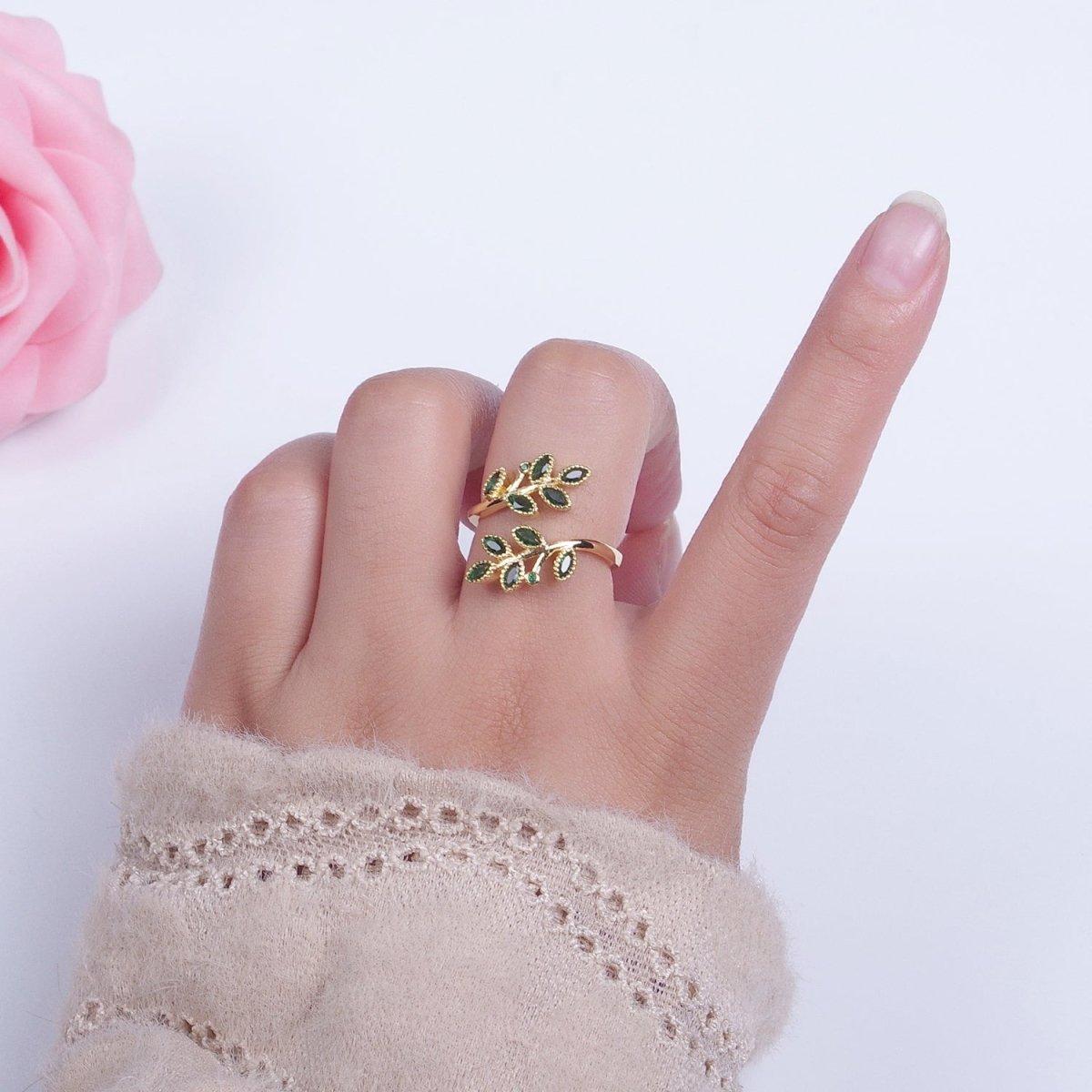 OS 24K Gold Filled Mother Nature Vine Leaves Green Cubic Zirconia Adjustable Open Ring | U-139